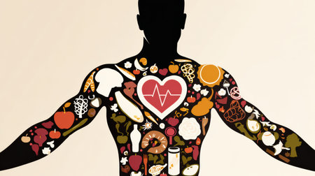 A male silhouette showcases a variety of health-related icons like a heart, muscle, food, and sun, representing wellness, vitality, and fitness awareness.の素材