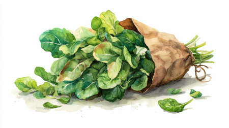 Watercolor illustrations of leafy greens spill from a rustic bag, showing fresh produce and a clean layout that accentuates its beauty.の素材