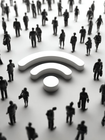 A Wi-Fi signal icon is prominently displayed among numerous silhouettes of people, symbolizing connectivity and communication in a modern setting.の素材