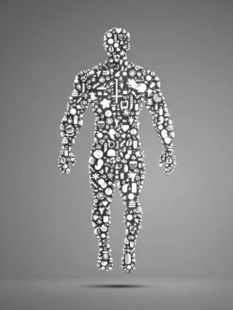 A muscular male silhouette created from various minimalist health icons, symbolizing fitness, wellbeing, and healthy living in a sleek design.の素材
