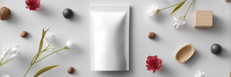 Simple pouch mockup is surrounded by a variety of flowers and natural materials creating a calm, aesthetically pleasing setup for product display.の素材