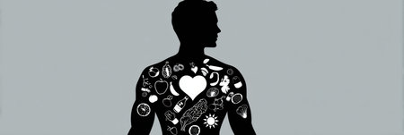 Silhouette of a male figure filled with health-related symbols such as heart, muscle, food, and sun, illustrating the importance of fitness and nutrition.の素材