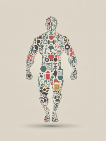 Minimalist health icons arranged to form a muscular male figure highlight themes of fitness and wellness, embodying a modern artistic expression of health.の素材
