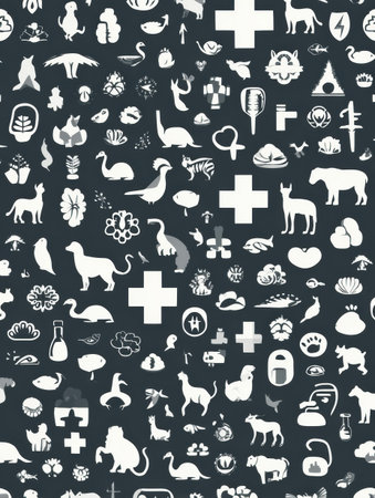This artwork features a seamless pattern of medical icons overlaid with a silhouette of an animal, creating a modern and minimalistic design for thematic use.の素材