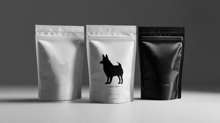 Modern packaging design showcases three sleek pouches with dog silhouettes against a soft gradient background, ideal for showcasing pet food or accessories.の素材