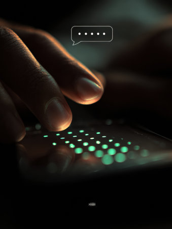 Fingers poised over a glowing touchscreen display reveal typing dots, signifying a moment of waiting as a reply is being crafted in a chat interface.の素材
