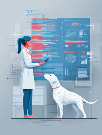 Vet reviews detailed dog DNA test results on advanced digital dashboard in a modern veterinary office, emphasizing technology integration in pet diagnostics.の素材