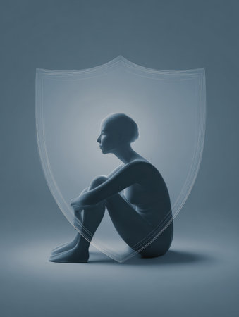A person sits in a thoughtful pose, encased by a protective shield that symbolizes mental well-being, highlighting the importance of inner peace and security.の素材