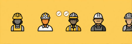 Workers are shown wearing helmets in a neat safety icon design highlighting various roles in construction and industry focusing on awareness and safety.の素材