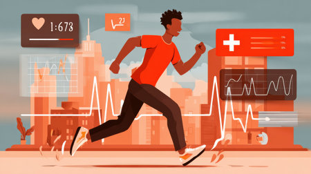 Person runs fast, passing a milestone with health metrics like heart rate and other stats floating around, set against a city landscape.の素材