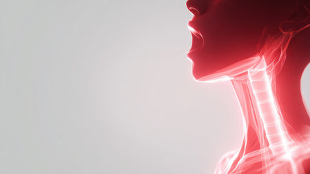 A glowing throat animation illustrates the concept of a sore throat, featuring a clear left side and a simple, minimalist background.の素材