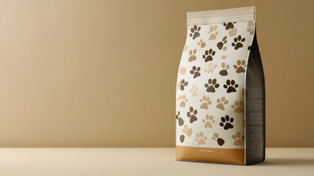 A uniquely designed pet food package features paw prints and ample branding space, highlighting a modern marketing aesthetic.の素材