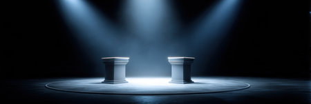 The political debate stage features two empty podiums surrounded by a dark backdrop, where candidates will soon engage in discussions on critical topics.の素材