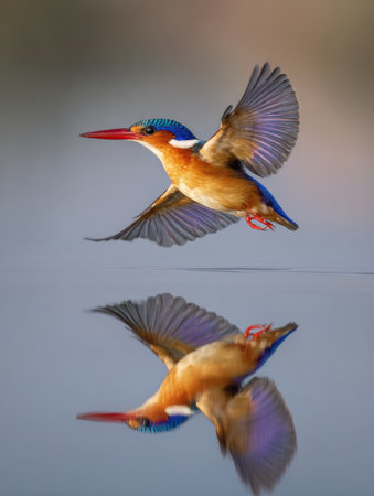 A malachite kingfisher displays its bright plumage while hovering over calm water, showcasing a stunning reflection in the gentle morning light.の素材