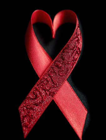 A red ribbon intricately shaped into a heart symbolizes mental health support, representing compassion and awareness, captured against a black background.の素材