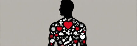 Silhouette of a male figure showcases various health icons, including those related to heart, muscles, healthy food, and sunlight, promoting a wellness theme.の素材