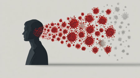 An infographic showcases the concept of viral load, with a person silhouette depicted as experiencing the spread of viruses through their head.の素材