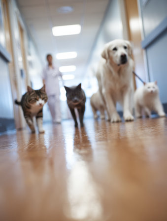 Pets stroll peacefully down a vet hallway, showing a clean and well-maintained environment, with professional staff in the background ensuring comfort.の素材