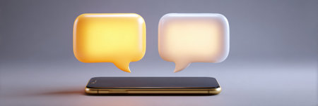 Glowing speech bubbles hover above a smartphone, representing online conversation and connectivity amid a soft, minimalist backdrop.の素材