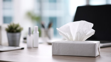 Tissue packet and nasal spray sit on an office desk amidst a remote work setting, highlighting the need for comfort and care during work hours.の素材