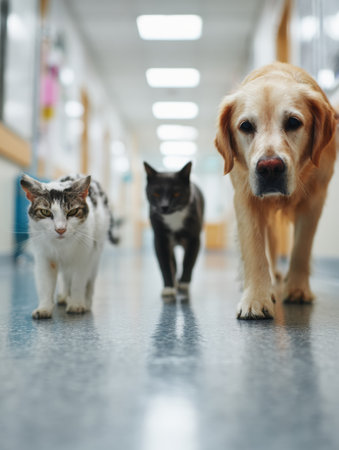 Various pets including a cat and a dog stroll peacefully down a soft-focus hallway in a veterinary clinic, showing comfort and calmness.の素材