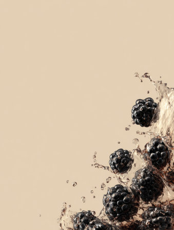 Dynamic splash of blackberries frozen in time, showcasing vibrant details against a soft beige backdrop with a clear space on one sideの素材