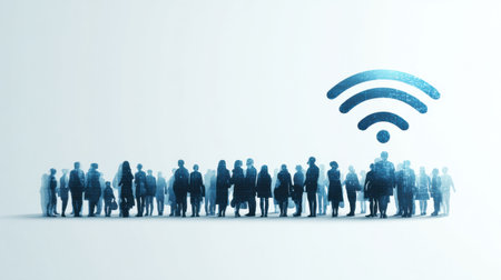 Silhouettes of diverse people gathered together with a Wi-Fi signal growing above them, symbolizing connection in a modern, digital environment.の素材