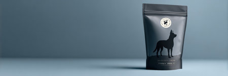 Showcase of stylish pouch packaging with a dog silhouette, designed for pet products, emphasizing a contemporary aesthetic and minimalistic styleの素材