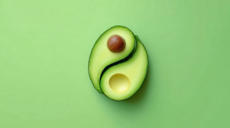Sliced avocado creatively styled as a yin-yang symbol lies on a vibrant green surface, symbolizing balance, harmony, and wellness through healthy food choices.の素材