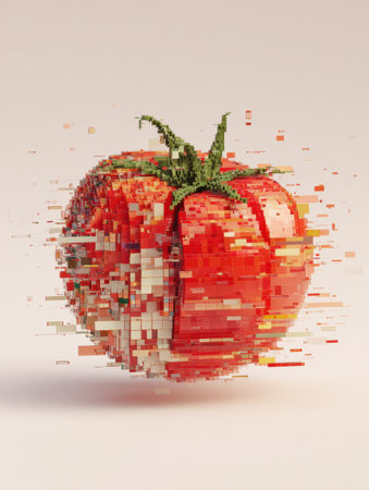 A realistic 3D representation of a tomato is split into pixelated segments, showcasing a unique tech-art design against a clean, minimalist background.の素材