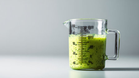 A vibrant veggie smoothie is presented in a transparent glass measuring cup, showing intricate designs for precise measurement.の素材