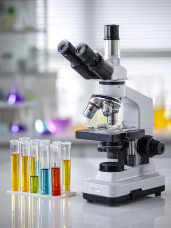 Laboratory equipped with a microscope and colorful test samples arranged neatly on a clear desk, reflecting a focused environment for veterinary studies.の素材