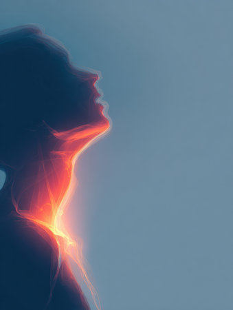 An animated effect illustrates a sore throat, highlighting discomfort in a clean, minimalist style against a blank background.の素材