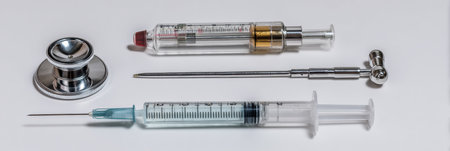 Various veterinary instruments are displayed on a white surface, including syringes, a thermometer, and a stethoscope, ready for animal care.の素材