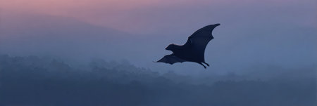A Sunda colugo takes flight during twilight, moving effortlessly through the evening air against a backdrop of soft color gradients and distant trees.の素材