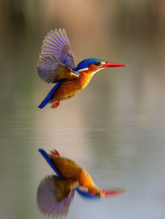 A malachite kingfisher hovers over tranquil waters, its vibrant colors reflected on the calm surface while soft light enhances the peaceful setting.の素材