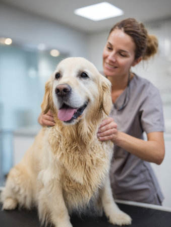 Veterinary assistant gently brushes the coat of a golden retriever in a well-lit clinic, preparing the dog for its regular check-up.の素材