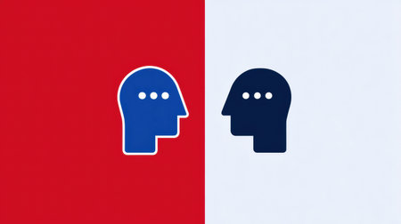 Dual-tone icons depict two minimalist faces in conversation, on a bold split background for easy customization.の素材