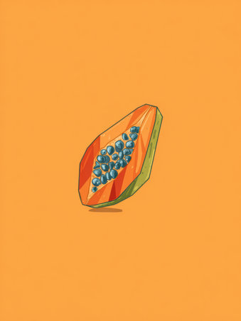 Diamond-shaped papaya showcases its colorful flesh and stylized seeds against a bright orange backdrop, highlighting the fruits unique aesthetics.の素材