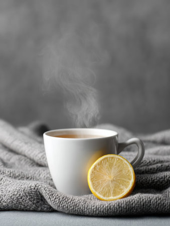 A white cup filled with hot lemon and honey drink rests on a soft gray blanket. Steam rises gently, adding warmth to a cozy setting perfect for relaxation.の素材