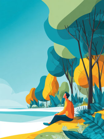 Enjoy the peace of nature by the water, surrounded by vibrant trees for a calming boost to your mental well-being.の素材