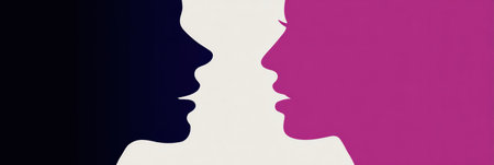 Minimalist dual tone icons display two faces in profile engaging in a conversation, emphasizing communication and dialogue in a modern design style.の素材