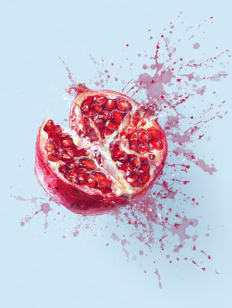 A colorful pomegranate bursts open, showcasing glistening seeds and juicy flesh against a soft blue background with vibrant splatters.の素材