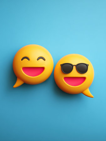 Overlapping speech bubbles showcase joyful emoji faces, radiating happiness and playfulness against a vibrant blue backdrop, perfect for communication.の素材