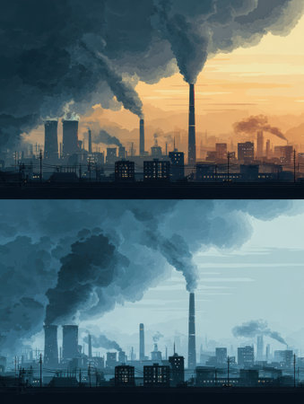 Two contrasting visuals illustrate the stark differences between polluted and clean air in urban settings, emphasizing the need for cleaner air initiatives.の素材