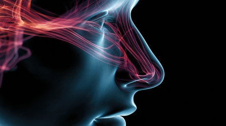 Intricate visual representation of inflamed sinuses in a human head, highlighted using digital X-ray techniques to reveal internal structures and pathways.の素材