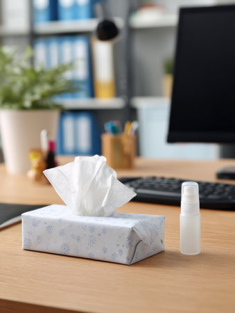 A tissue packet and a nasal spray are set on a wooden desk in a remote work environment, showcasing a clean and organized workspace.の素材