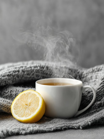 A white cup filled with hot lemon and honey drink rests on a textured gray blanket, surrounded by rising steam, creating a soothing indoor atmosphere.の素材