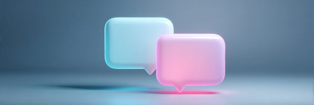Two glowing speech bubbles hover above a smartphone, set against a minimal soft background that emphasizes digital communication in a modern context.の素材