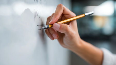 In a contemporary classroom, a teacher uses a pen to write important concepts on a whiteboard, creating an engaging learning atmosphere for students.の素材